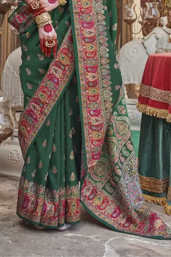 Dark green silk blend printed saree with unstitched blouse piece