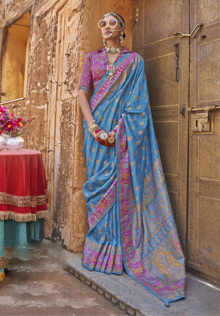 Blue silk printed saree with unstitched blouse piece