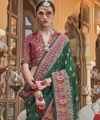 Dark green silk blend printed saree with unstitched blouse piece 4