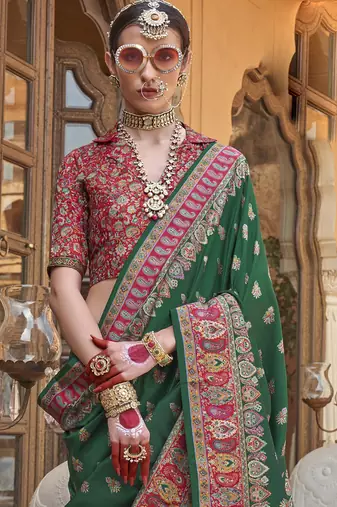 Dark green silk blend printed saree with unstitched blouse piece
