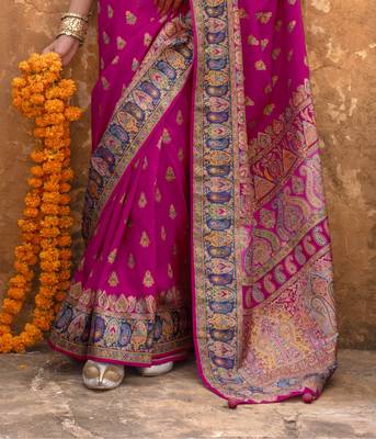 Magenta silk blend printed saree with unstitched blouse piece 3