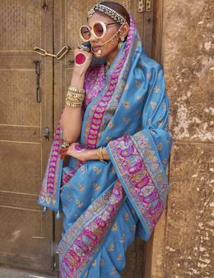 Blue silk blend printed saree with unstitched blouse piece 2