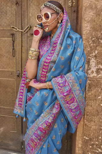 Blue silk blend printed saree with unstitched blouse piece