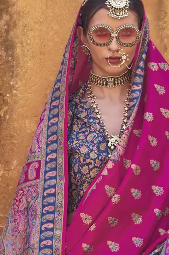 Magenta silk blend printed saree with unstitched blouse piece