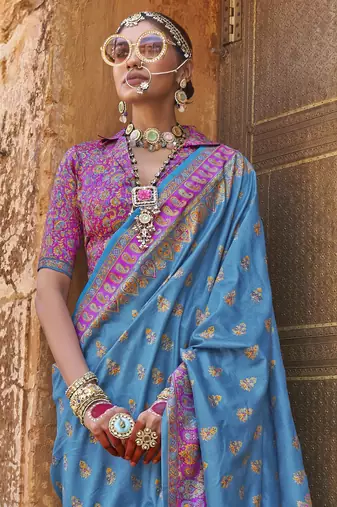 Blue silk blend printed saree with unstitched blouse piece