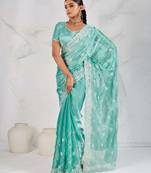 Blue silk chiffon sequins embroidered saree with unstitched blouse piece