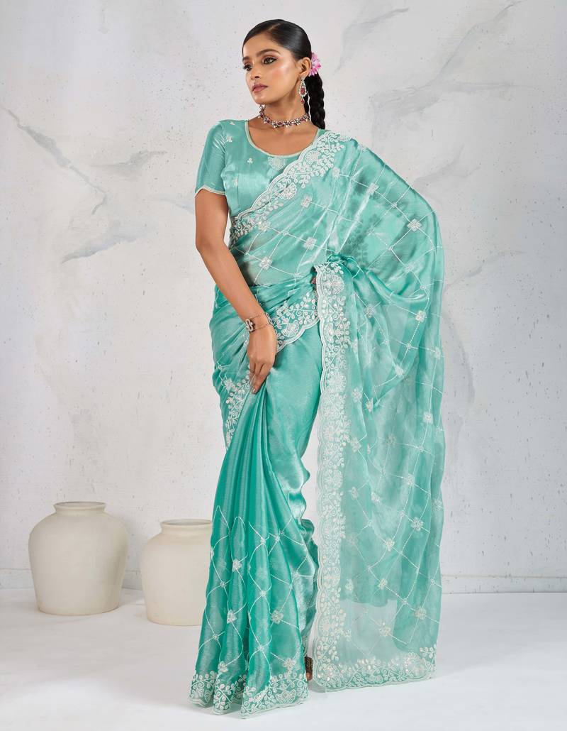 Blue silk chiffon sequins embroidered saree with unstitched blouse piece