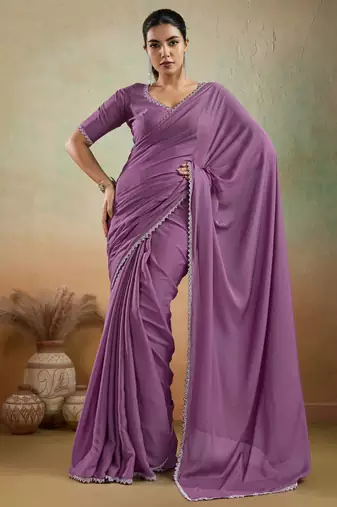 Purple georgette embellished saree with unstitched blouse piece
