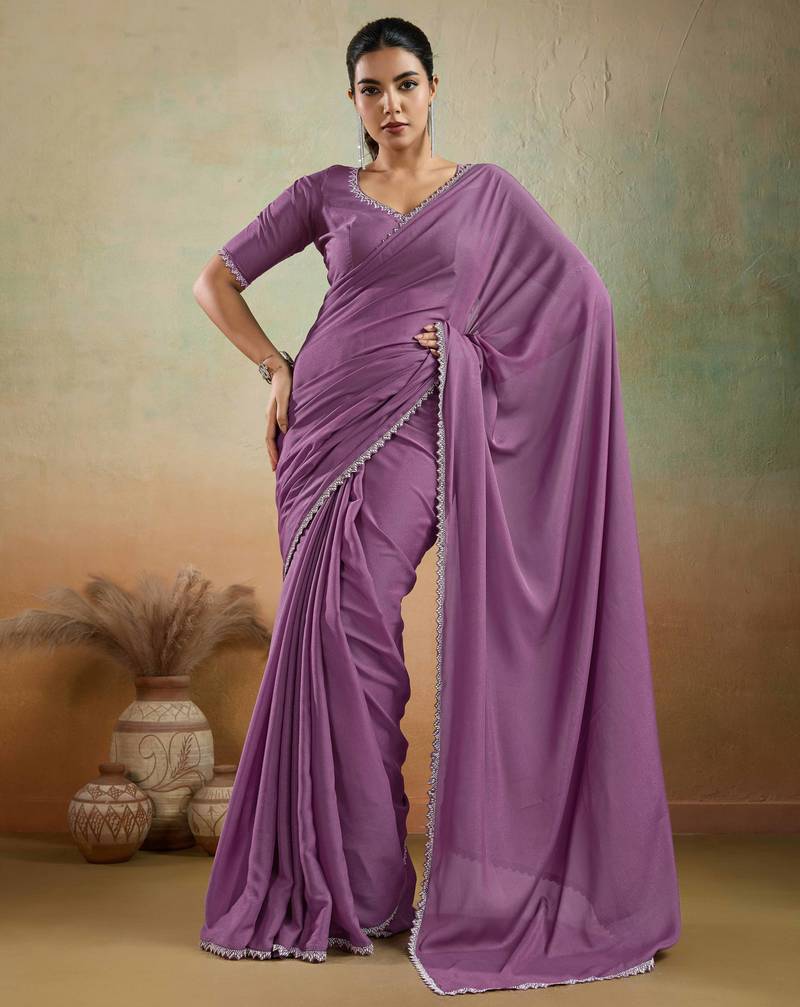 Purple georgette embellished saree with unstitched blouse piece