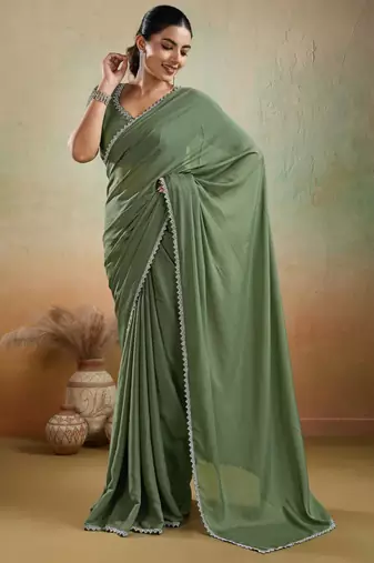 Olive georgette embellished saree with unstitched blouse piece