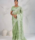 Pista silk chiffon sequins embroidered saree with unstitched blouse piece