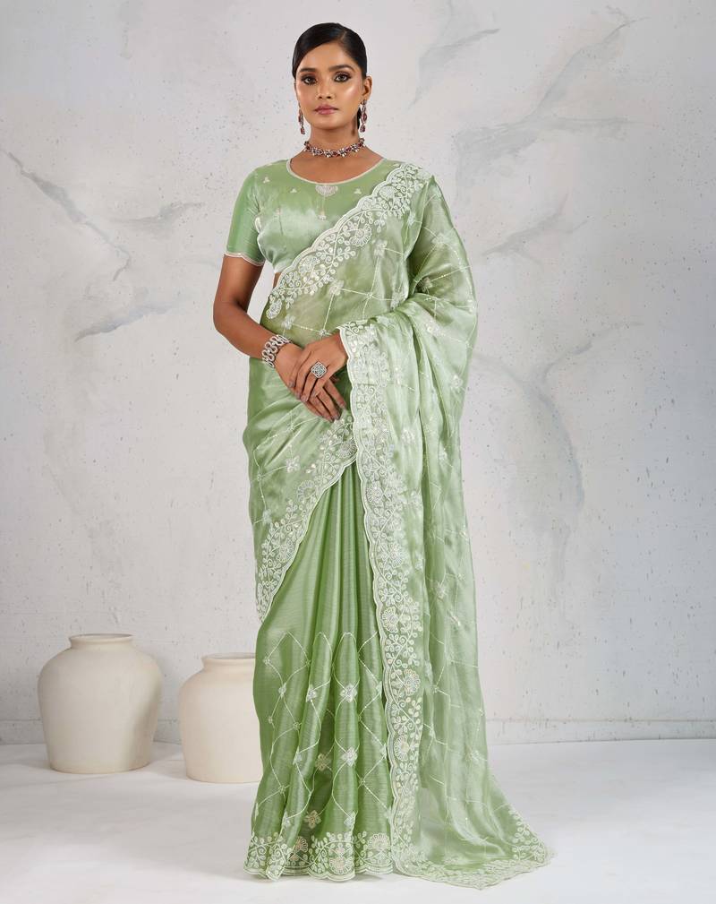 Pista silk chiffon sequins embroidered saree with unstitched blouse piece