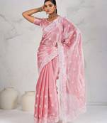 Pink silk chiffon sequins embroidered saree with unstitched blouse piece