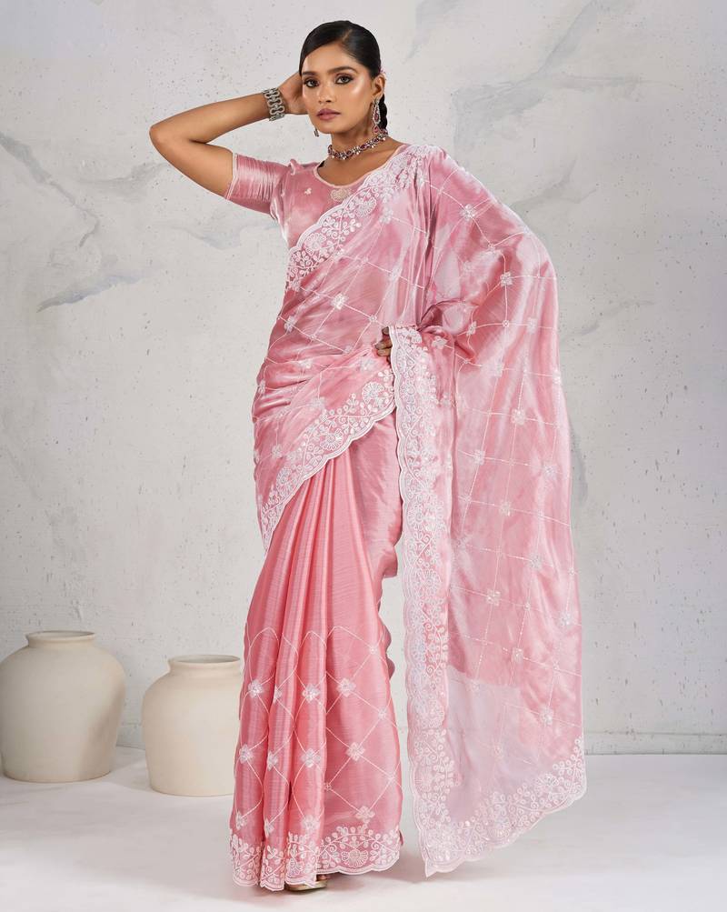 Pink silk chiffon sequins embroidered saree with unstitched blouse piece