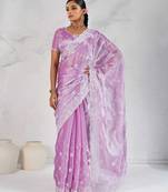 Lavender silk chiffon sequins embroidered saree with unstitched blouse piece