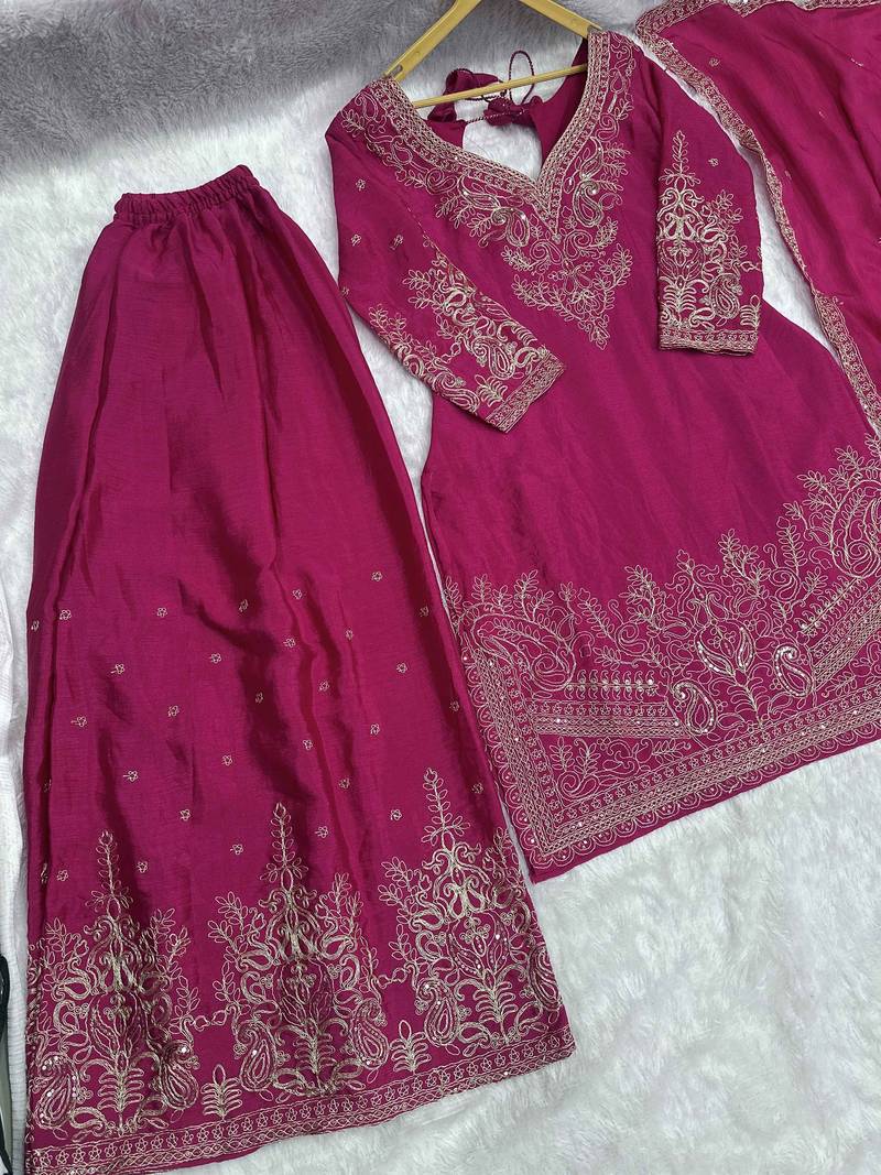 Pink Embroidered Chinon Palazzo Suit