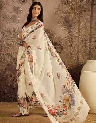 Cream georgette printed saree with unstitched blouse piece 1