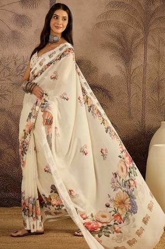 Cream georgette printed saree with unstitched blouse piece