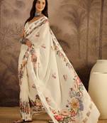 Cream georgette printed saree with unstitched blouse piece