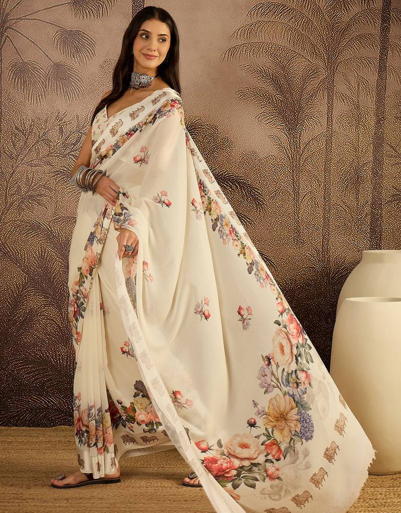 Cream georgette printed saree with unstitched blouse piece