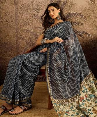Blue chanderi bandhni saree with unstitched blouse piece 1