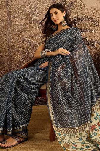 Blue chanderi bandhni saree with unstitched blouse piece