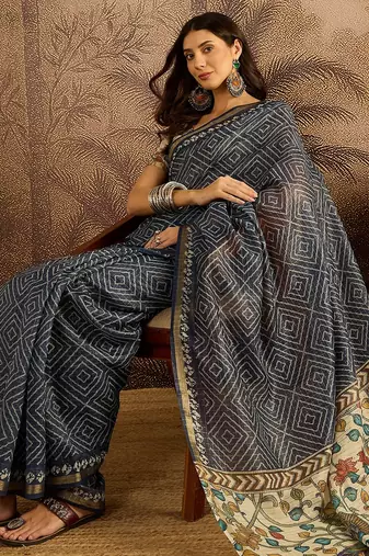 Blue chanderi bandhni saree with unstitched blouse piece