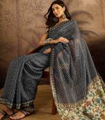 Blue chanderi bandhni saree with unstitched blouse piece