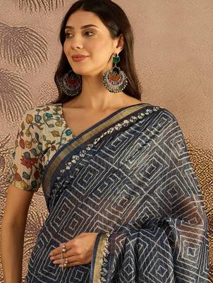 Blue chanderi bandhni saree with unstitched blouse piece 2