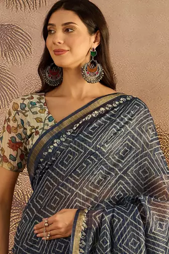 Blue chanderi bandhni saree with unstitched blouse piece