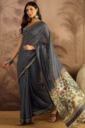 Blue chanderi bandhni saree with unstitched blouse piece