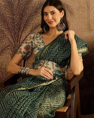 Green chanderi bandhni saree with unstitched blouse piece 1