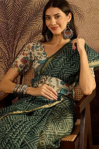 Green chanderi bandhni saree with unstitched blouse piece