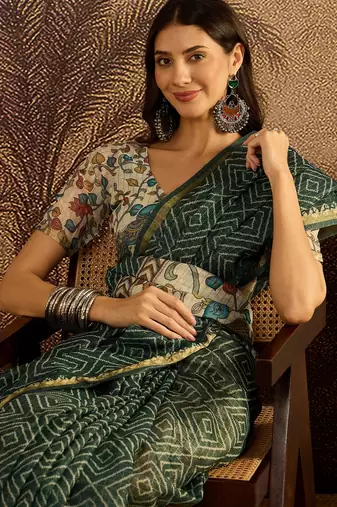 Green chanderi bandhni saree with unstitched blouse piece