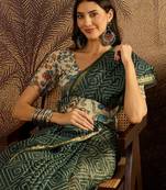 Green chanderi bandhni saree with unstitched blouse piece