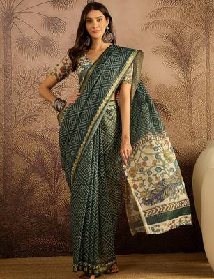 Green chanderi bandhni saree with unstitched blouse piece 2