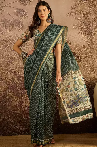 Green chanderi bandhni saree with unstitched blouse piece
