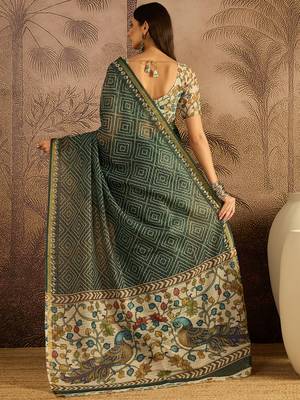 Green chanderi bandhni saree with unstitched blouse piece 3