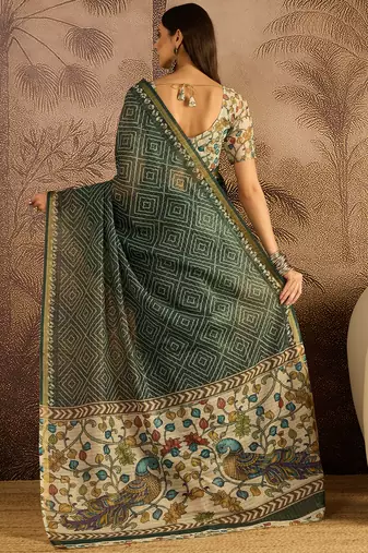 Green chanderi bandhni saree with unstitched blouse piece