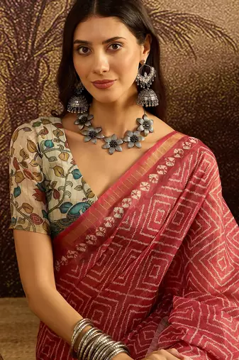 Pink chanderi bandhni saree with unstitched blouse piece