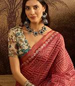 Pink chanderi bandhni saree with unstitched blouse piece