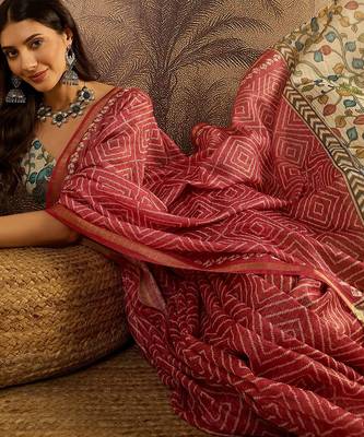 Pink chanderi bandhni saree with unstitched blouse piece 2