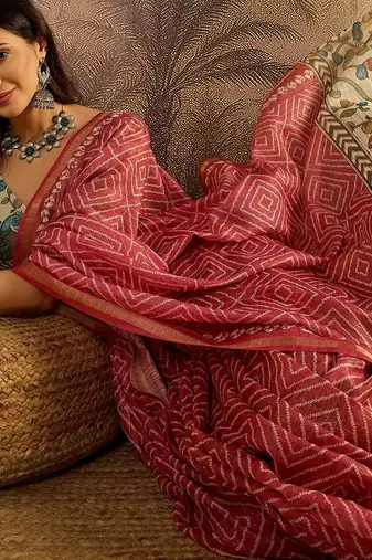 Pink chanderi bandhni saree with unstitched blouse piece