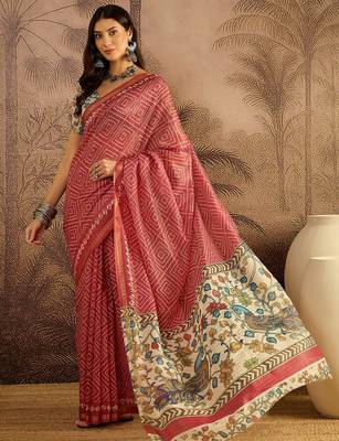 Pink chanderi bandhni saree with unstitched blouse piece 3