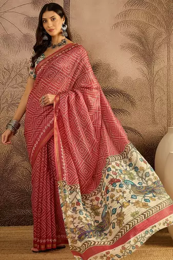 Pink chanderi bandhni saree with unstitched blouse piece