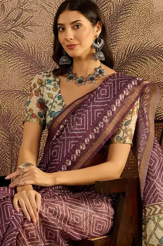 Mauve chanderi bandhni saree with unstitched blouse piece