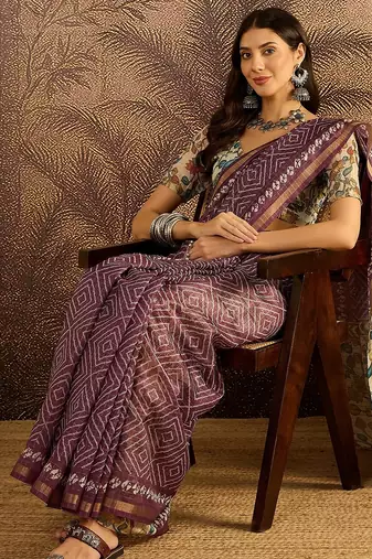 Mauve chanderi bandhni saree with unstitched blouse piece