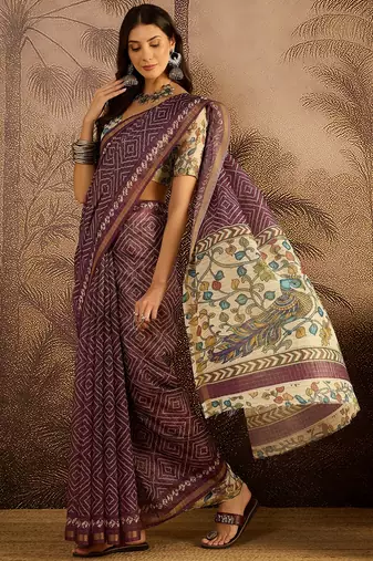 Mauve chanderi bandhni saree with unstitched blouse piece