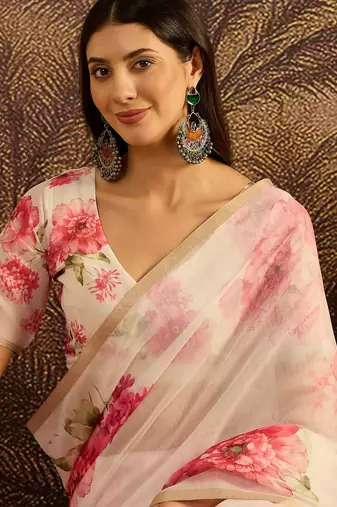 Cream chanderi cotton printed saree with unstitched blouse piece