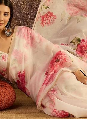 Cream chanderi cotton printed saree with unstitched blouse piece 3
